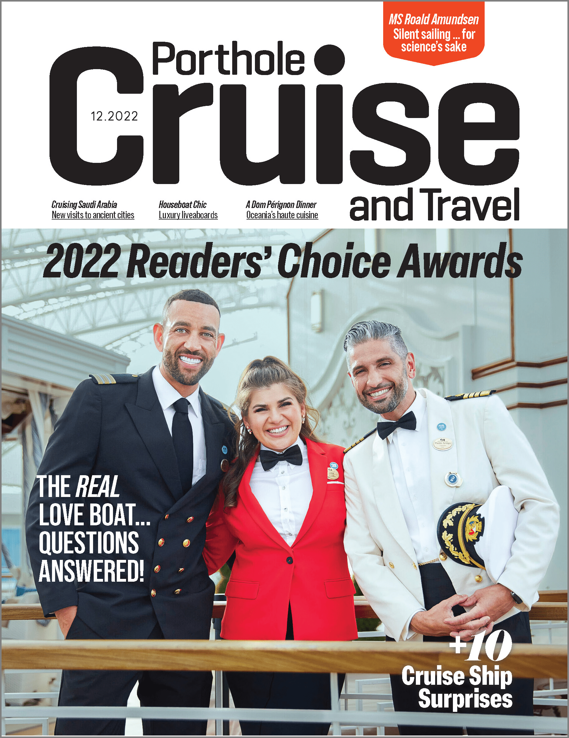 Porthole Cruise &Travel cover for Nov/Dec 2022, featuring the hosts of the Real Love Boat and our Readers' Choice Awards winners!