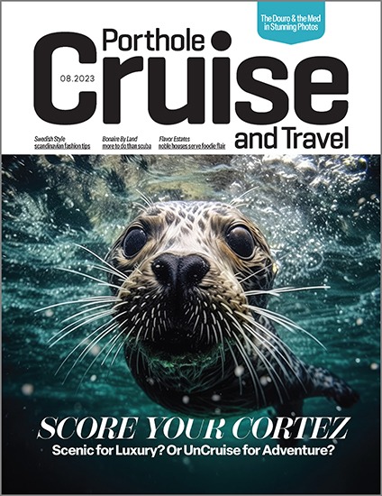A curious sea lion pup under the surface of the Sea of Cortez peers out from the cover of Porthole 246, the July/August 2023 issue