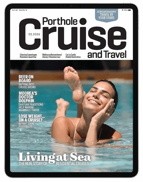 iPad_PH261-cover-Vert Porthole's cover for issue 261, Jan/Feb 2026, a smiling woman in a pool illustrating residential cruising.