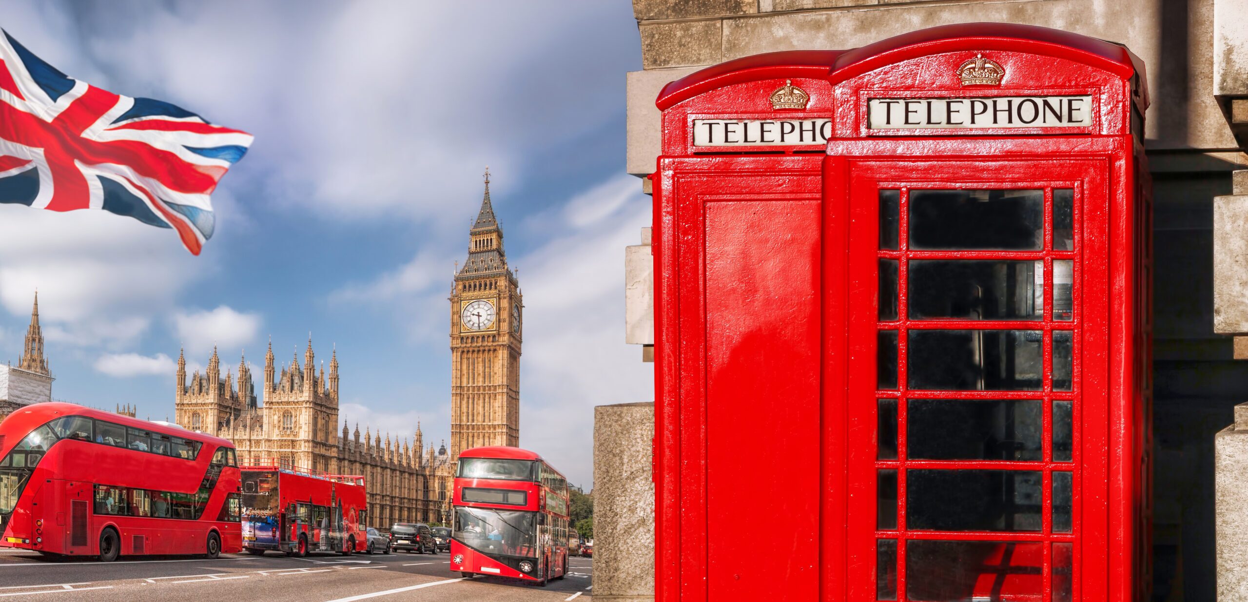 London symbols with BIG BEN, DOUBLE DECKER BUS and Red Phone Boo