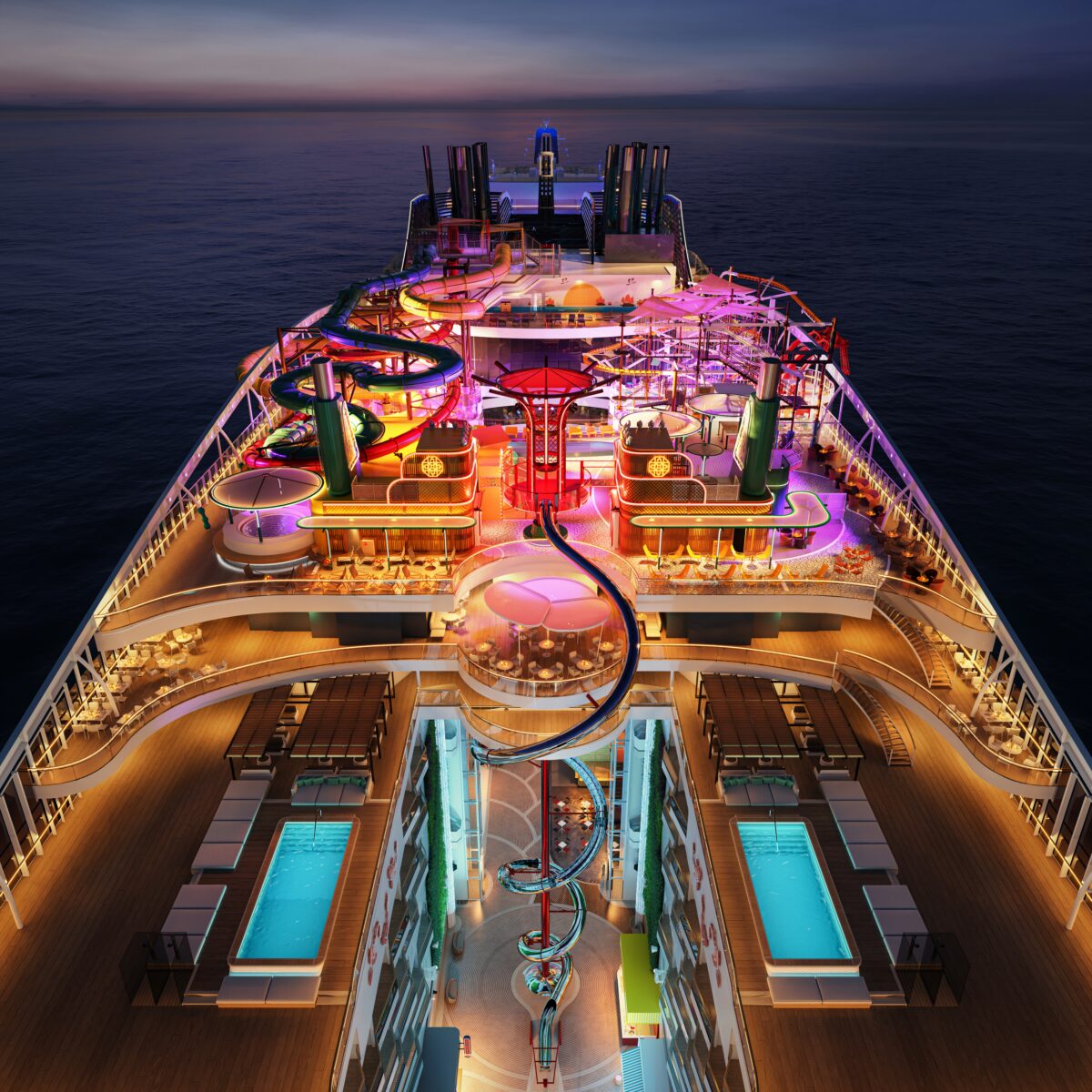 The aft decks of MSC World Asia, looking at the Tree of Life installation. 