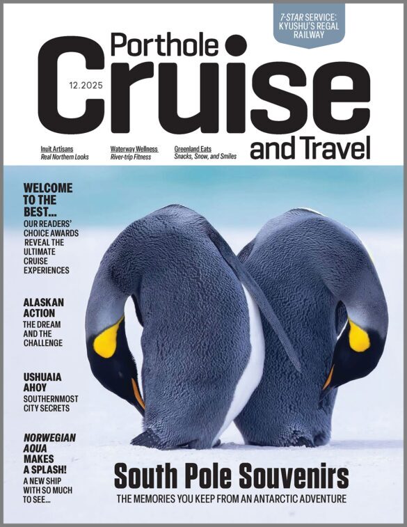 The cover of Porthole #260, showing two emperor penguins standing back to back, beaks toward their feet, on the Antarctic ice.