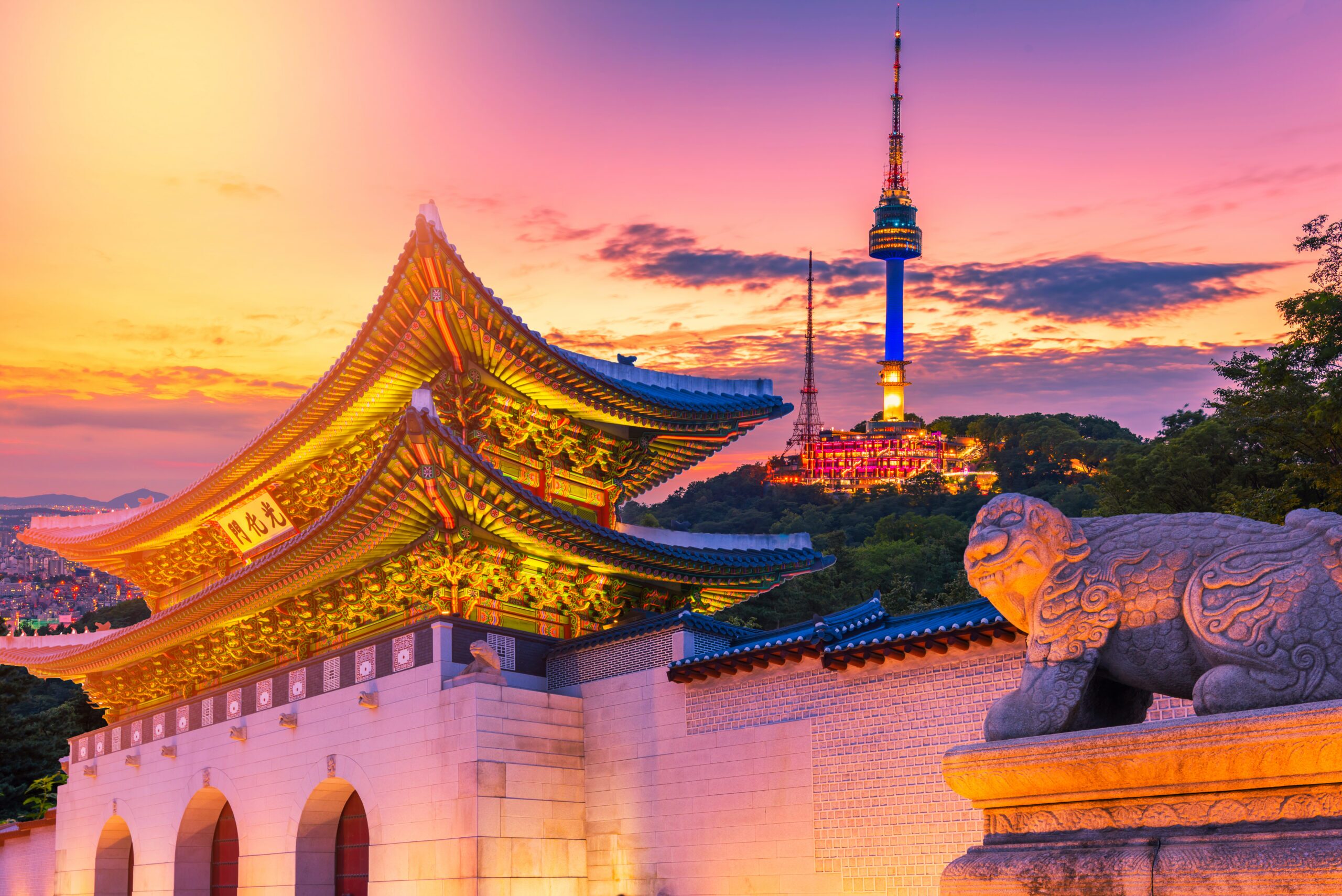 Landmark of Korea with covered Gyeongbokgung n Seoul Tower , Sou