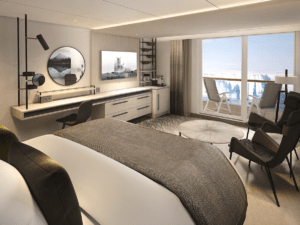 Cabin inside MS Roald Amundsen, decorated in grey and beige, comfortable and contemporary.