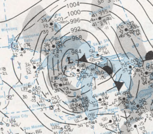A NOAA weather map from Nov. 10, 1975 showing the Great Lakes at the time of the Wreck of the Edmund Fitzgerald. Public Domain